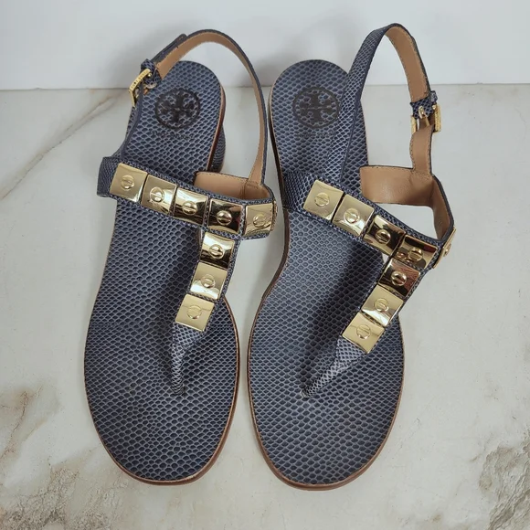 Tory Burch Navy Snake Print Leather Studded T-strap Block Heel Sandals, 10.5 - Picture 4 of 15